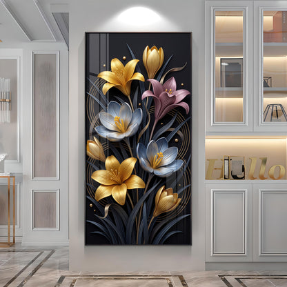 Metallic Floral Bouquet Gold & Blue Lilies Premium Acrylic Vertical Wall Art