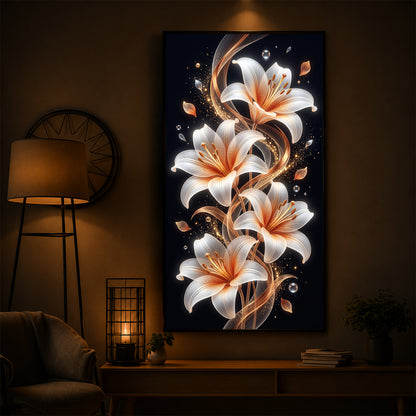 Glowing Golden Lily Modern Luxury Backlight Vertical Wall Art