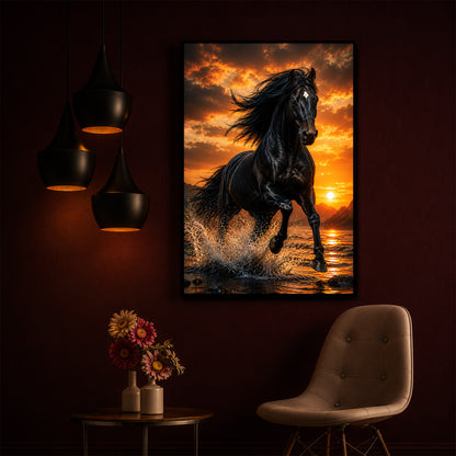 Vastu Black horse Modern Luxury Backlight Vertical Wall Art