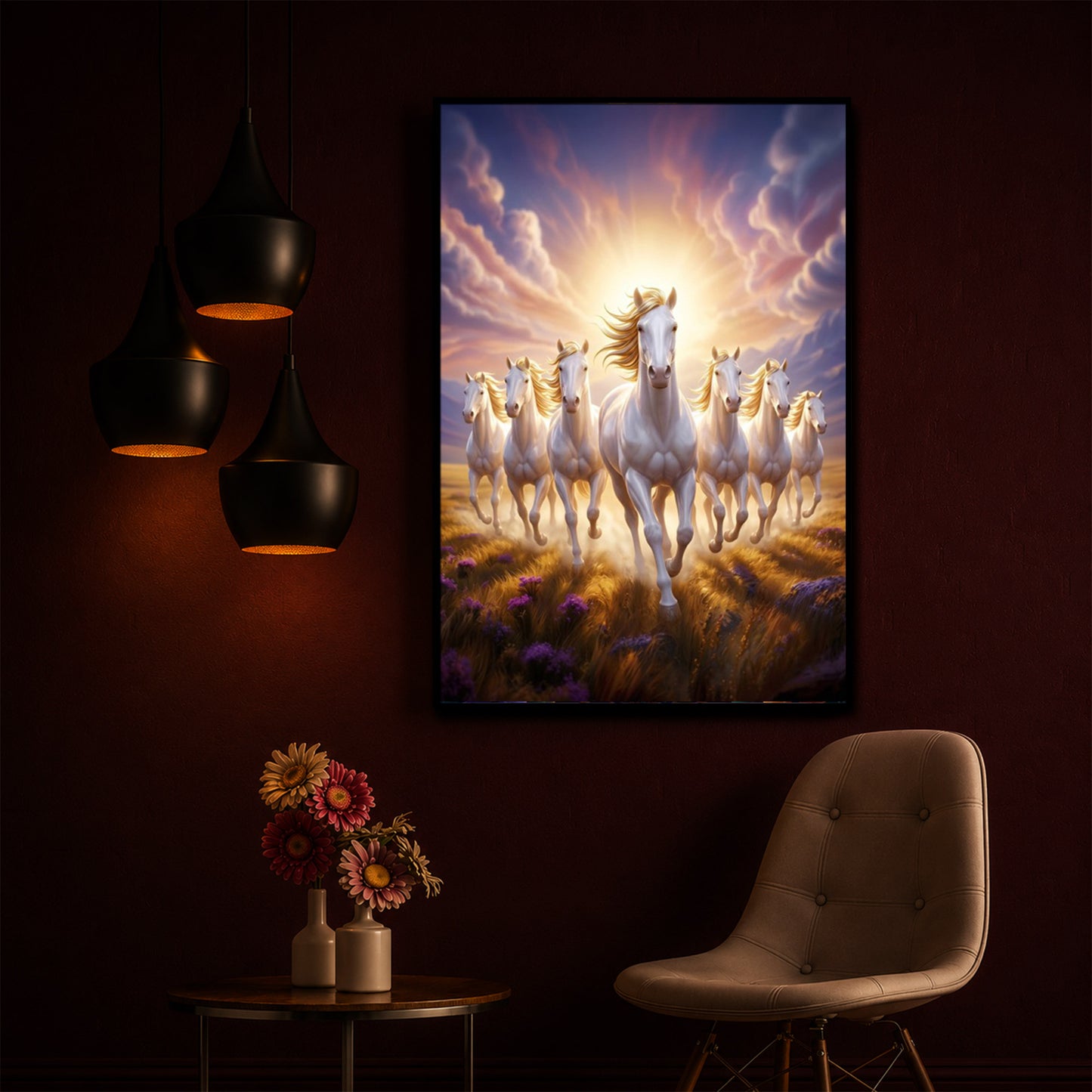 Seven Horses Running Together Modern Luxury Backlight Vertical Wall Art