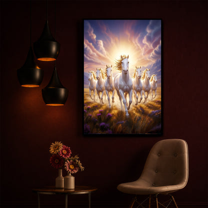 Seven Horses Running Together Modern Luxury Backlight Vertical Wall Art