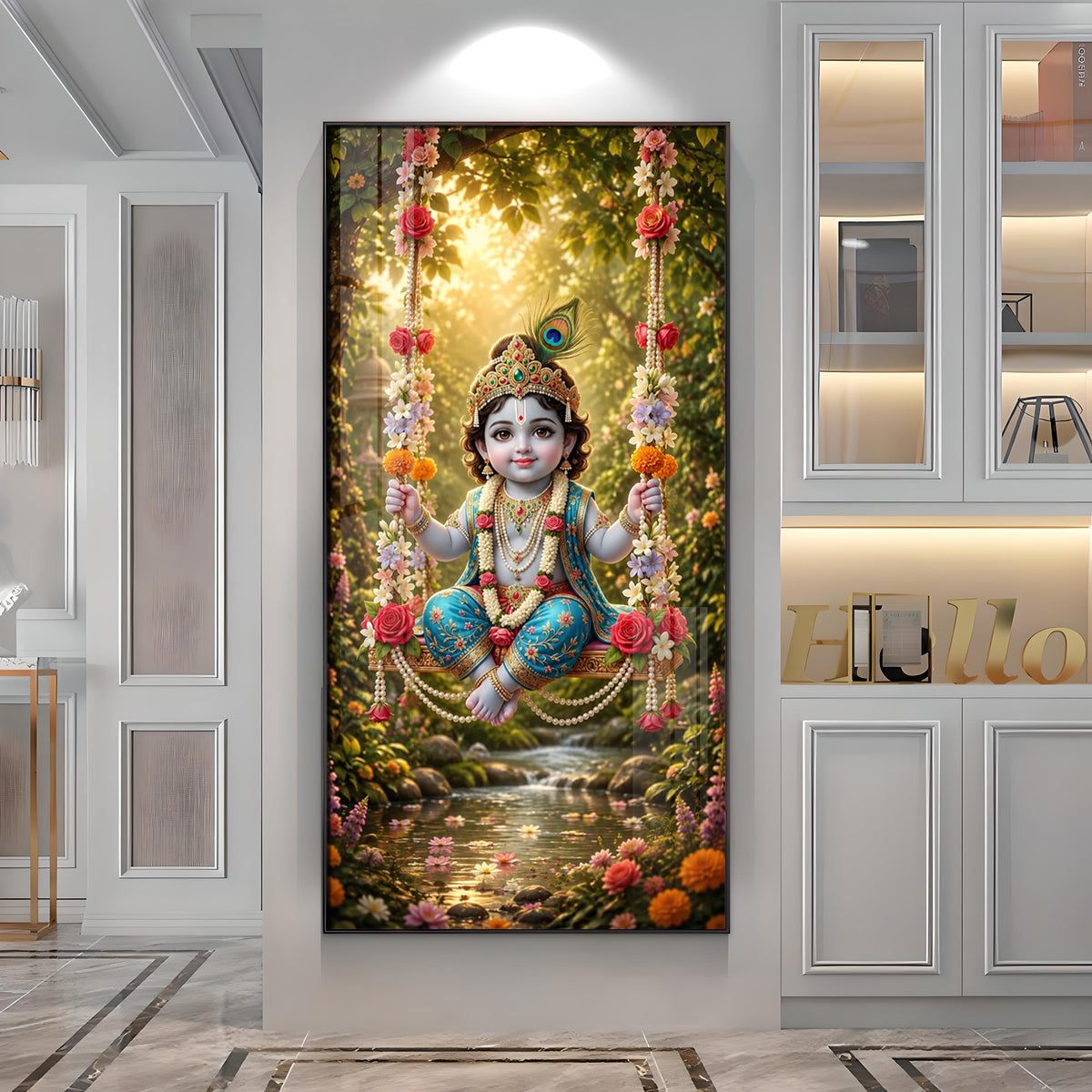 Divine Bal Krishna In Jhula Premium Acrylic Vertical Wall Art