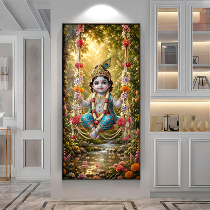 Divine Bal Krishna In Jhula Premium Acrylic Vertical Wall Art