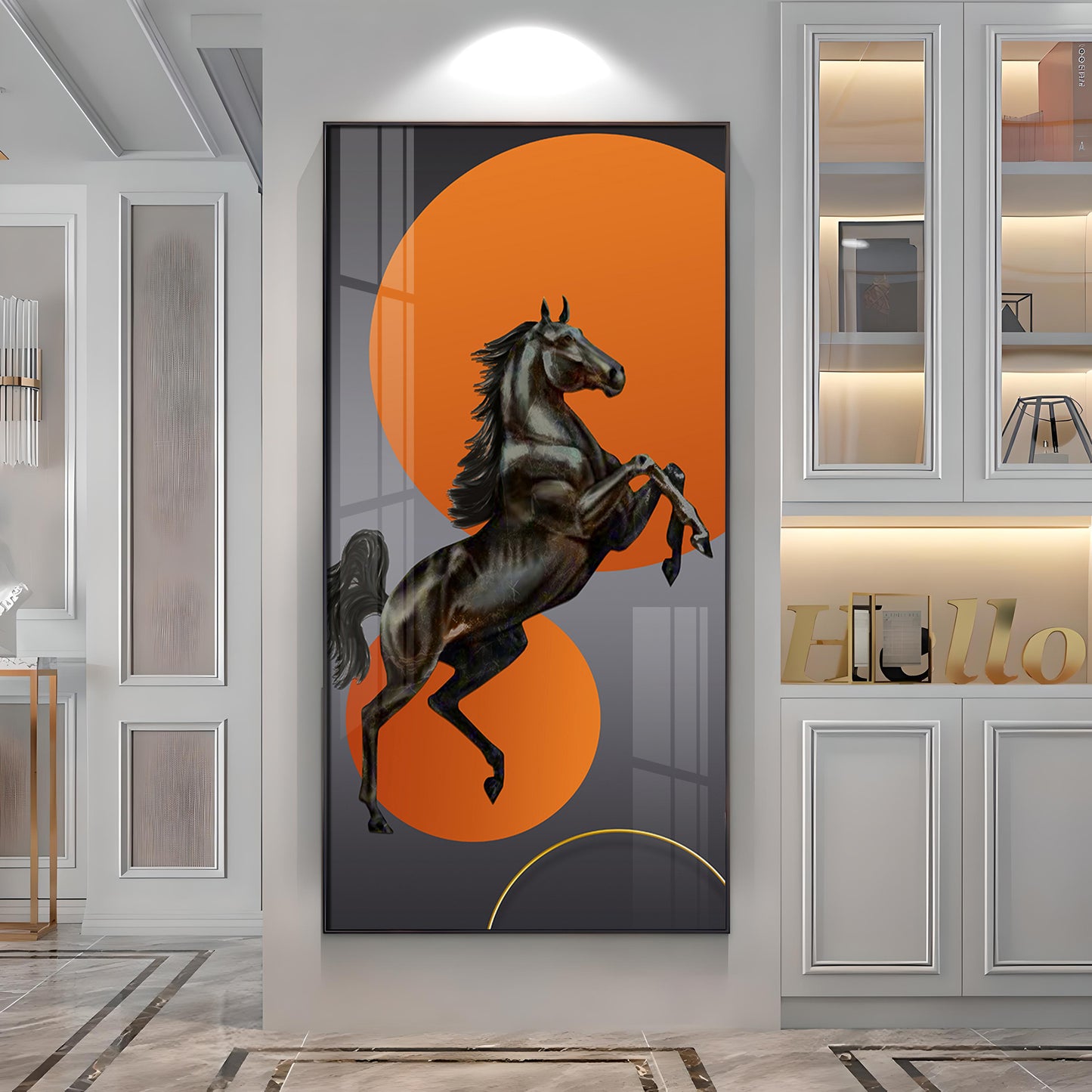Black Horse With Vibrant Orange Background Premium Acrylic Vertical Wall Art