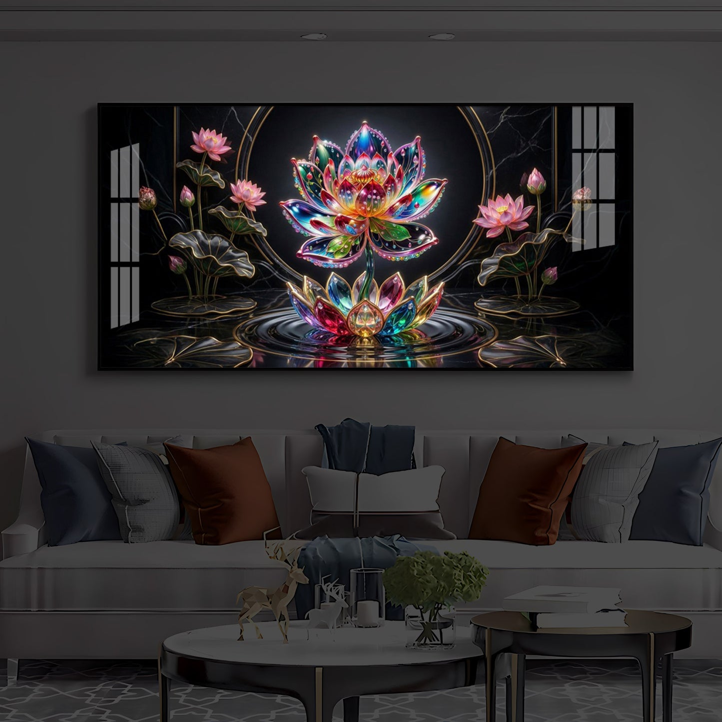 Colorful Lotus Flower Modern Luxury Backlight Horizontal Wall Art