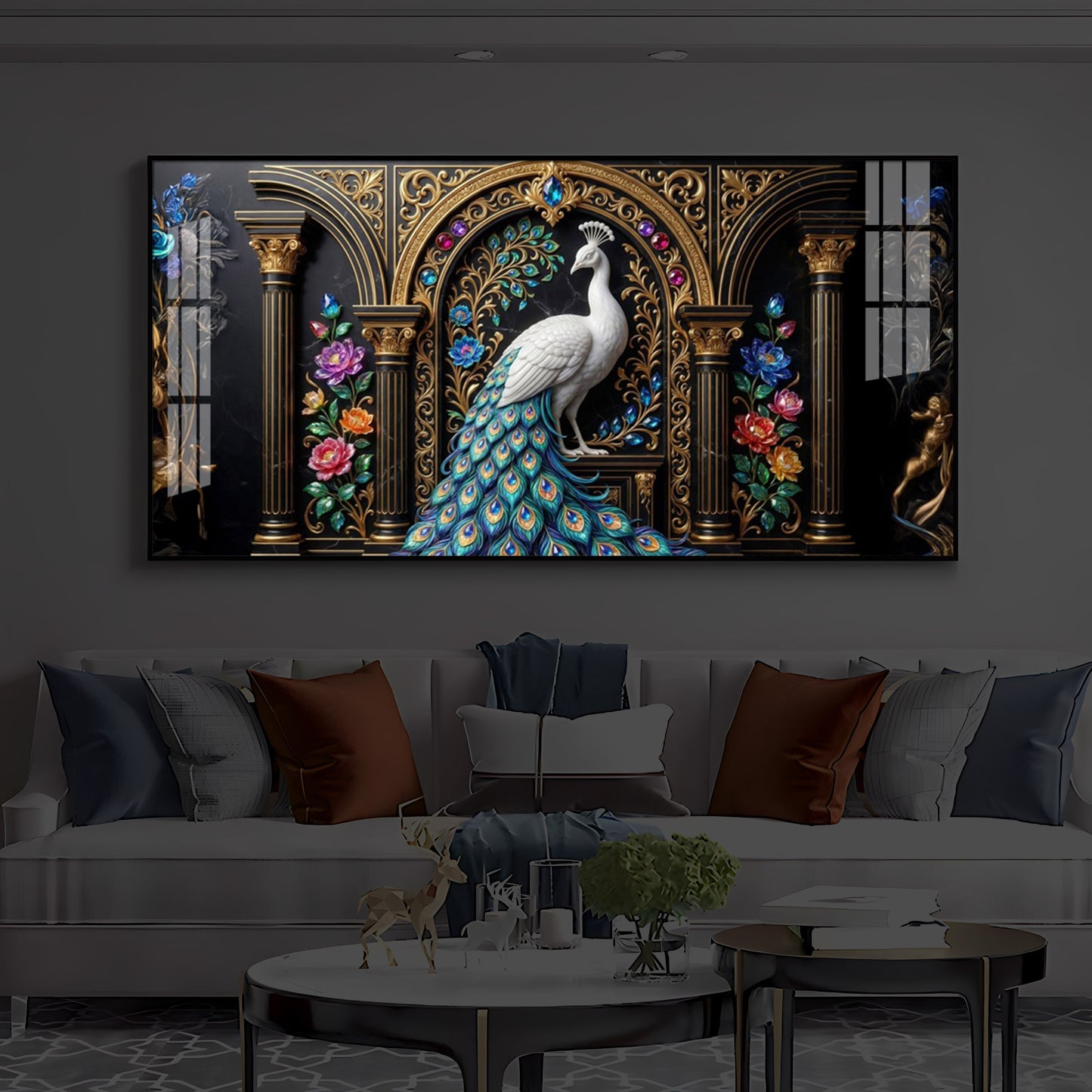 White Peacock Against A Dark Modern Luxury Backlight Horizontal Wall Art
