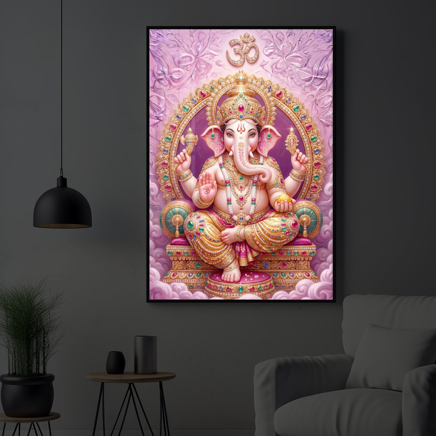 Vakratunda Mahakaya Ganesh Ji Modern Luxury Backlight Vertical Wall Art
