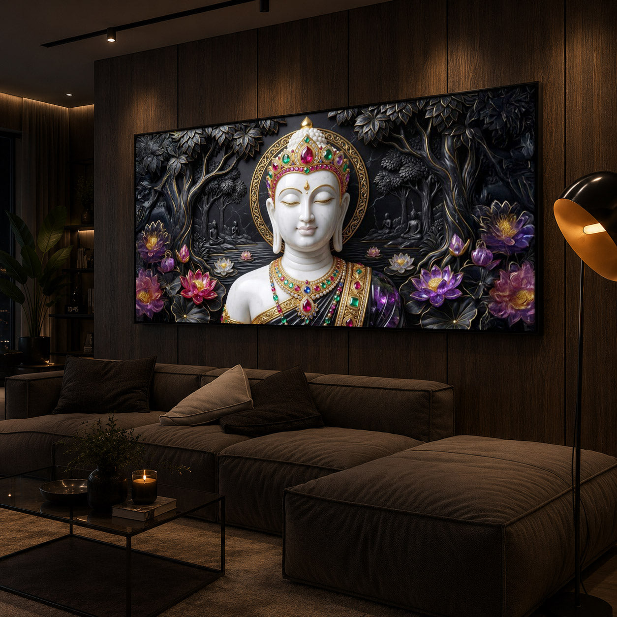Lotus Serenity Lord Buddha Modern Luxury Backlight Horizontal Wall Art