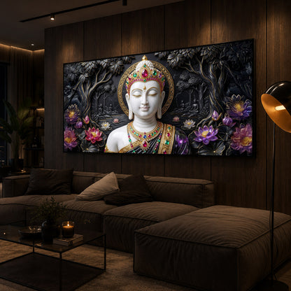 Lotus Serenity Lord Buddha Modern Luxury Backlight Horizontal Wall Art