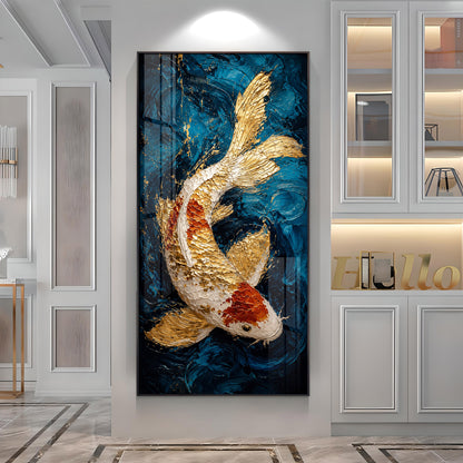 Majestic Golden & Red Koi Fish Deep Blue Background Premium Acrylic Vertical Wall Art