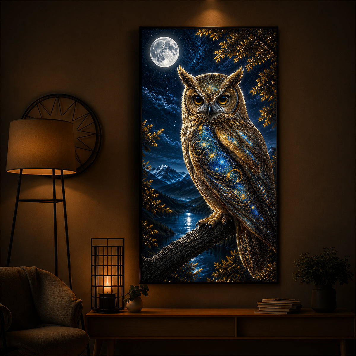 Majestic Golden Owl Modern Luxury Backlight Vertical Wall Art