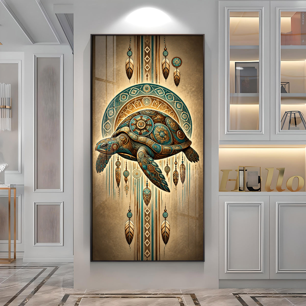 Tribal Patterned Sea Turtle & Feathers Premium Acrylic Vertical Wall Art