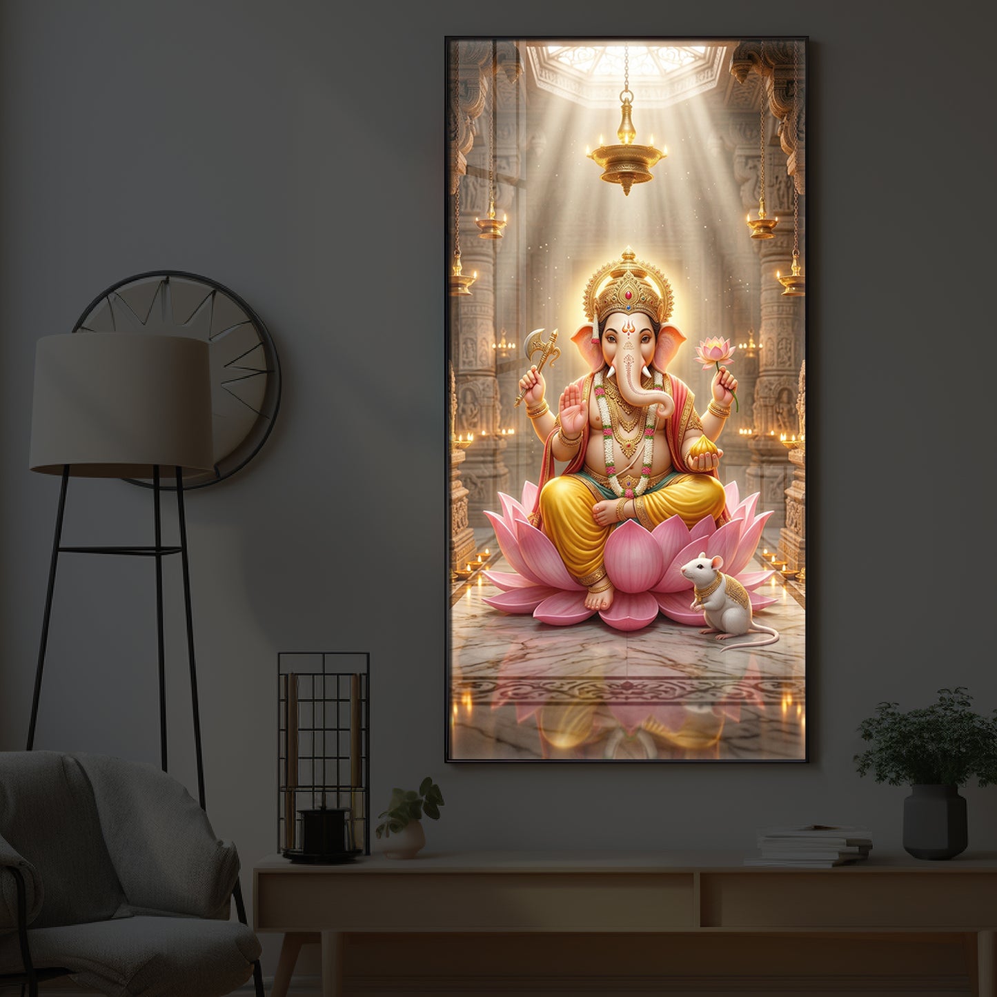 Lord Ganesh Ji On Lotus Modern Luxury Backlight Vertical Wall Art
