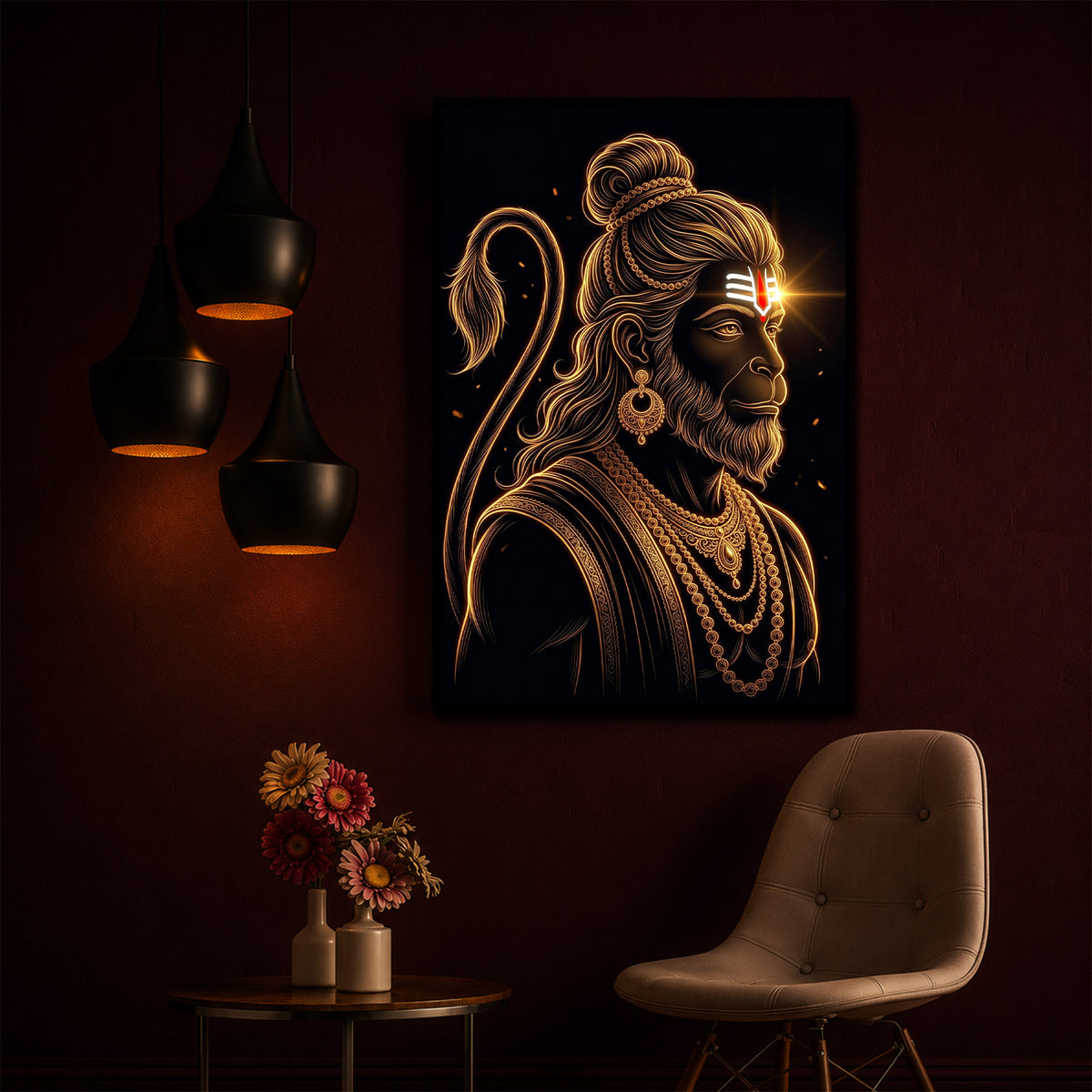Hanuman With Tilak Modern Luxury Backlight Vertical Wall Art