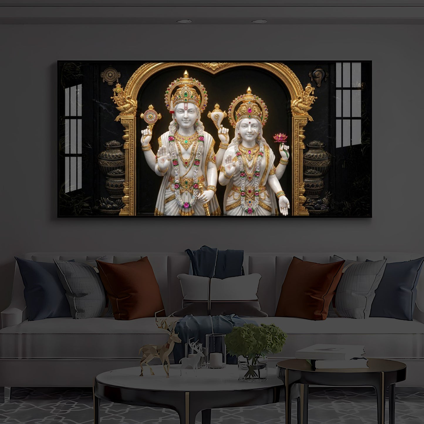 Lord Vishnu & Goddess Lakshmi Modern Luxury Backlight Horizontal Wall Art