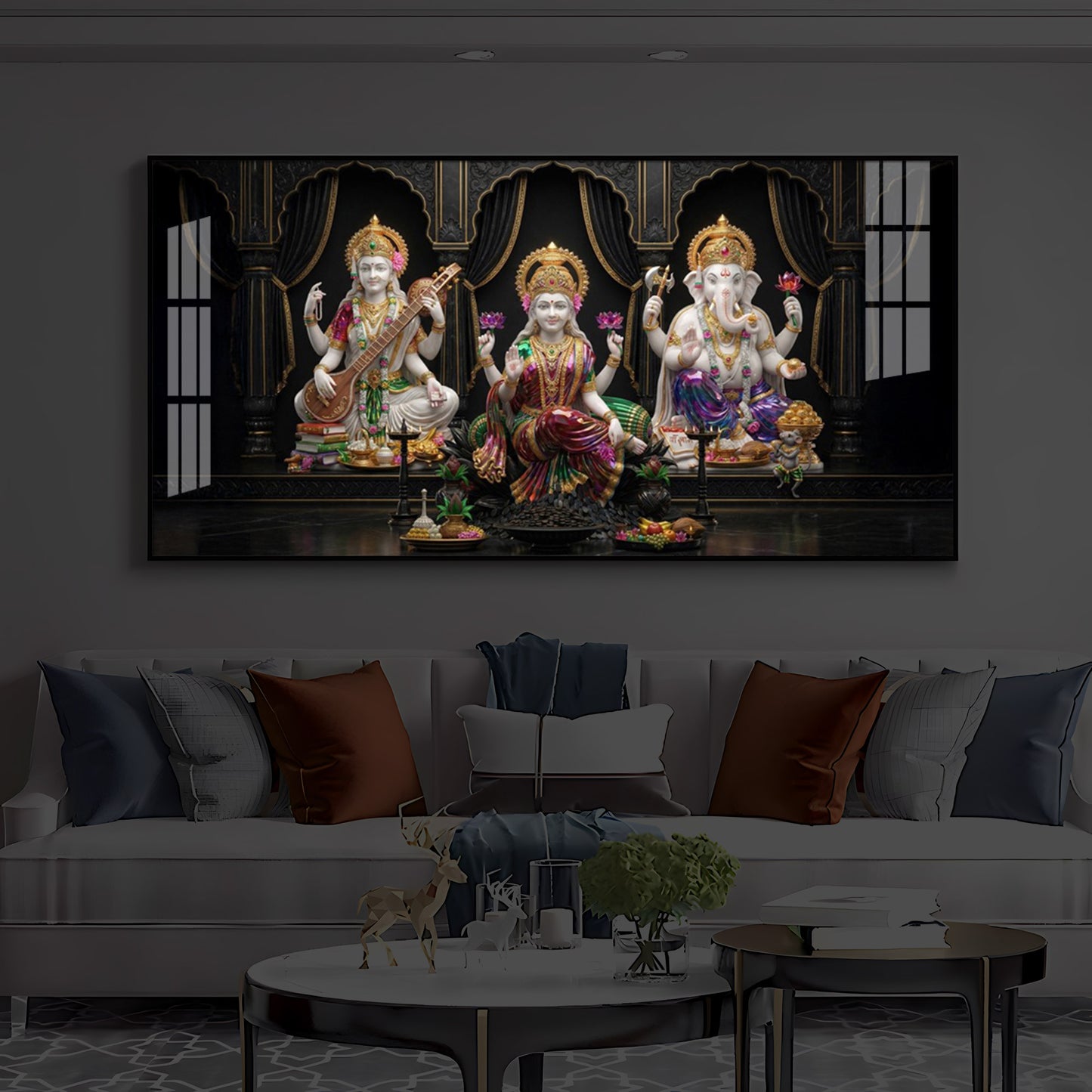 Saraswati,Lakshmi, & Lord Ganesha Modern Luxury Backlight Horizontal Wall Art