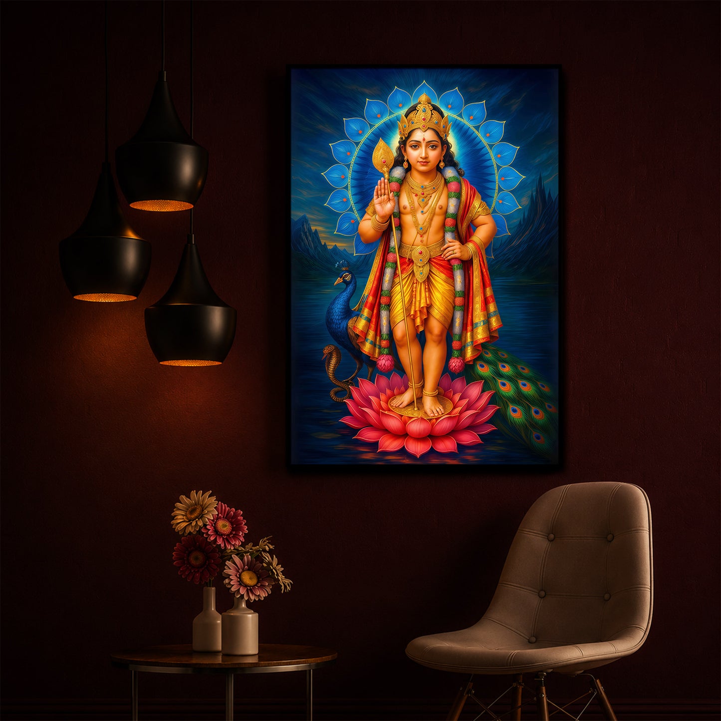 Sri Murugan Ji Modern Luxury Backlight Vertical Wall Art