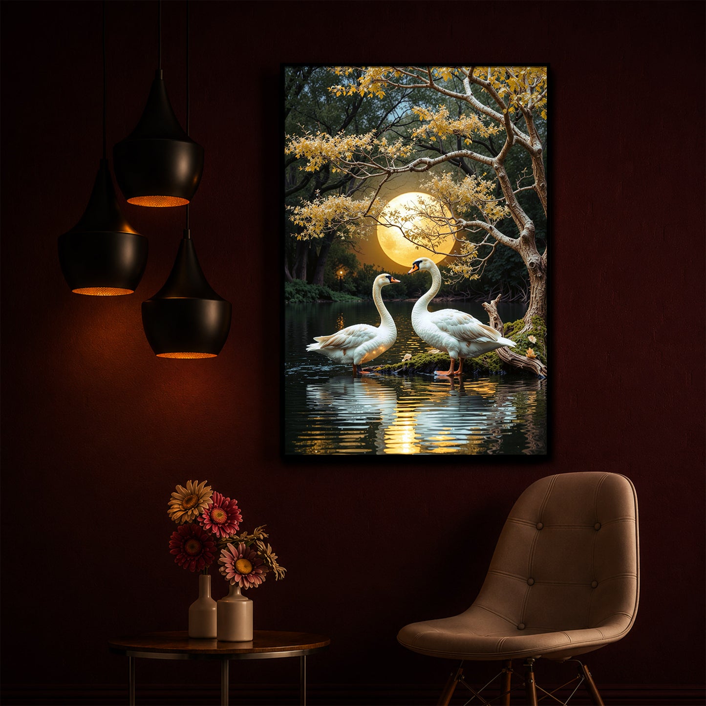 Couple Swan Modern Luxury Backlight Vertical Wall Art