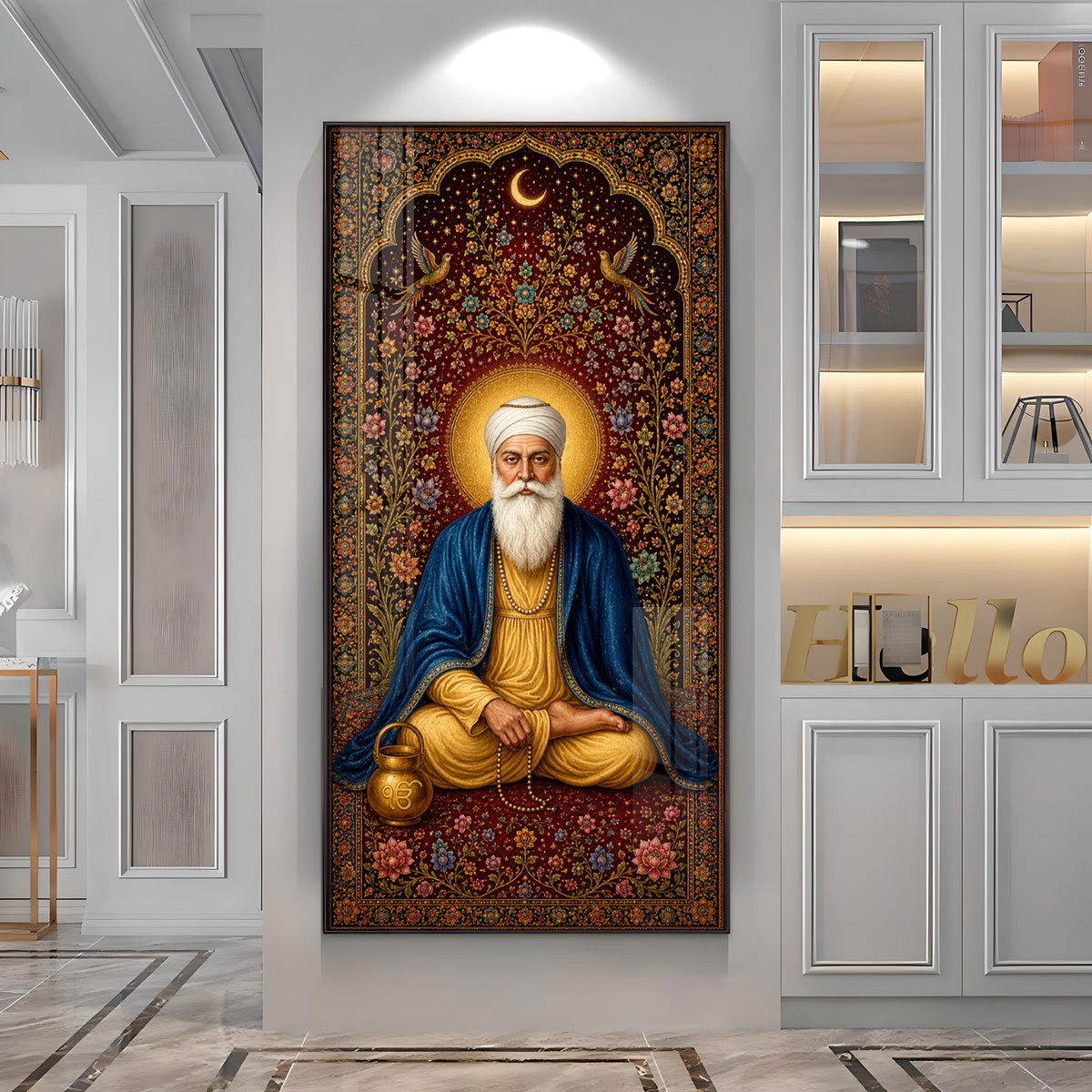 Guru Nanak Dev Ji Seated Meditation Blue Shawl Premium Acrylic Vertical Wall Art