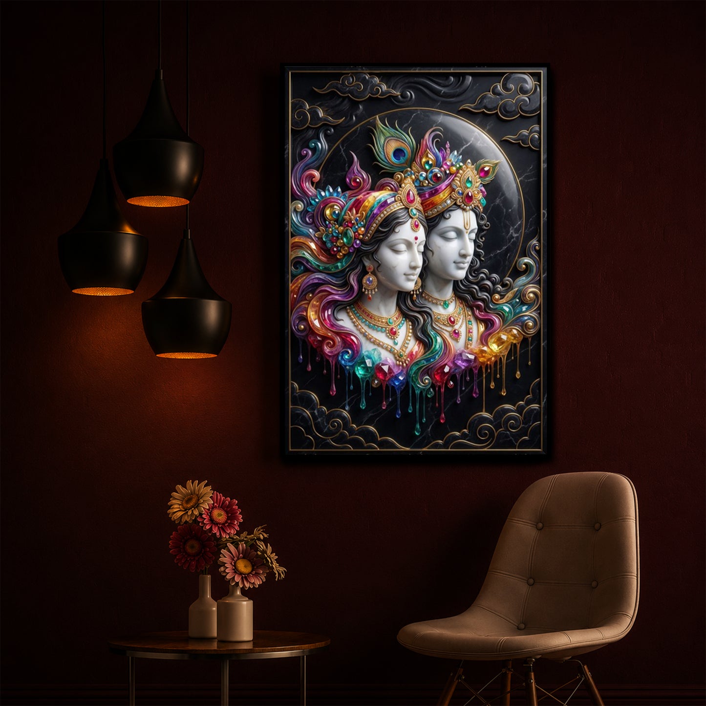 Shri Radha Krishna Modern Luxury Backlight Vertical Wall Art