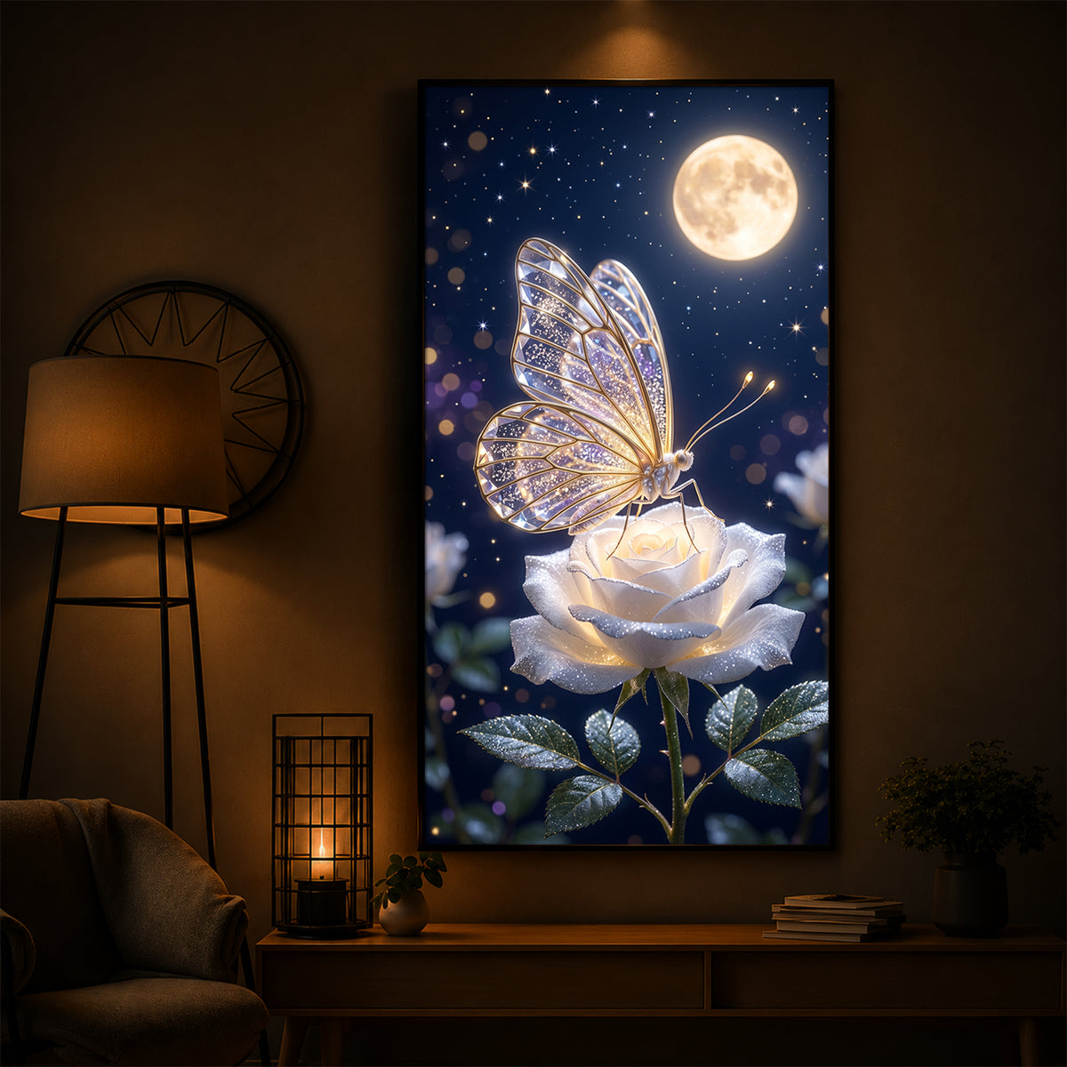 Butterfly On White Rose Modern Luxury Backlight Vertical Wall Art