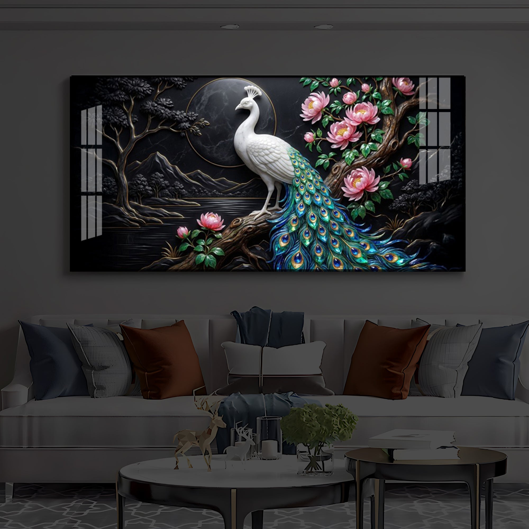 White Peacock With Flowers Modern Luxury Backlight Horizontal Wall Art
