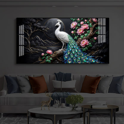 White Peacock With Flowers Modern Luxury Backlight Horizontal Wall Art