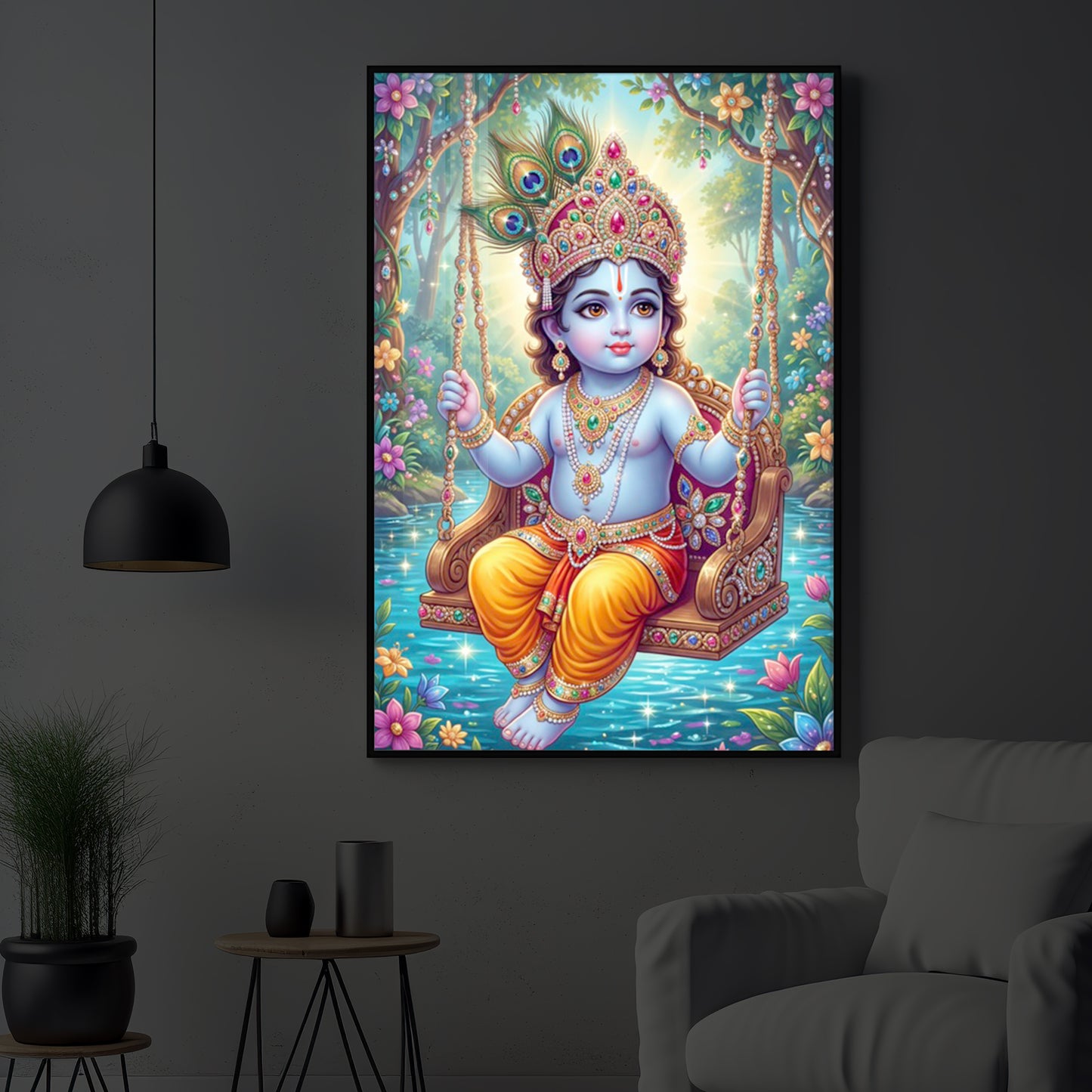 Divine Lord Krishna Modern Luxury Backlight Vertical Wall Art