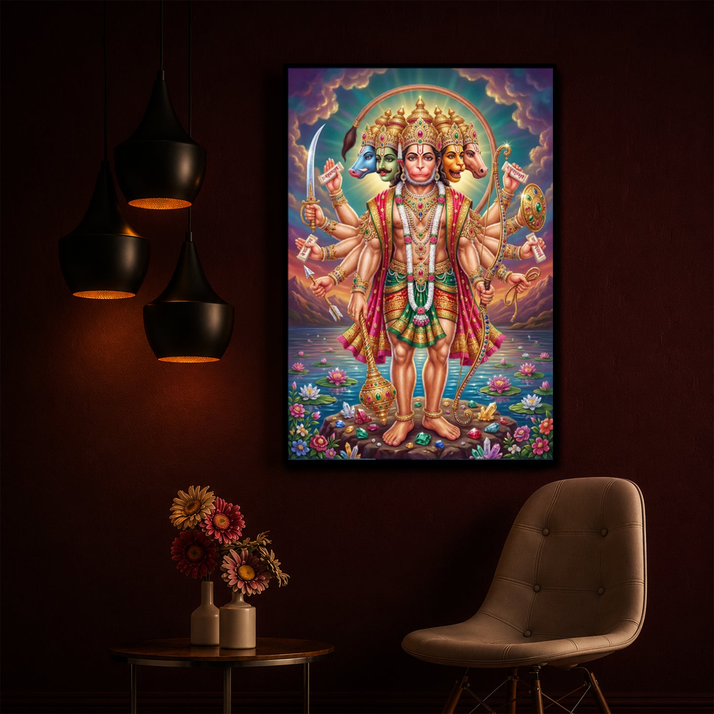 Spiritual Panchamukhi Hanuman Modern Luxury Backlight Vertical Wall Art