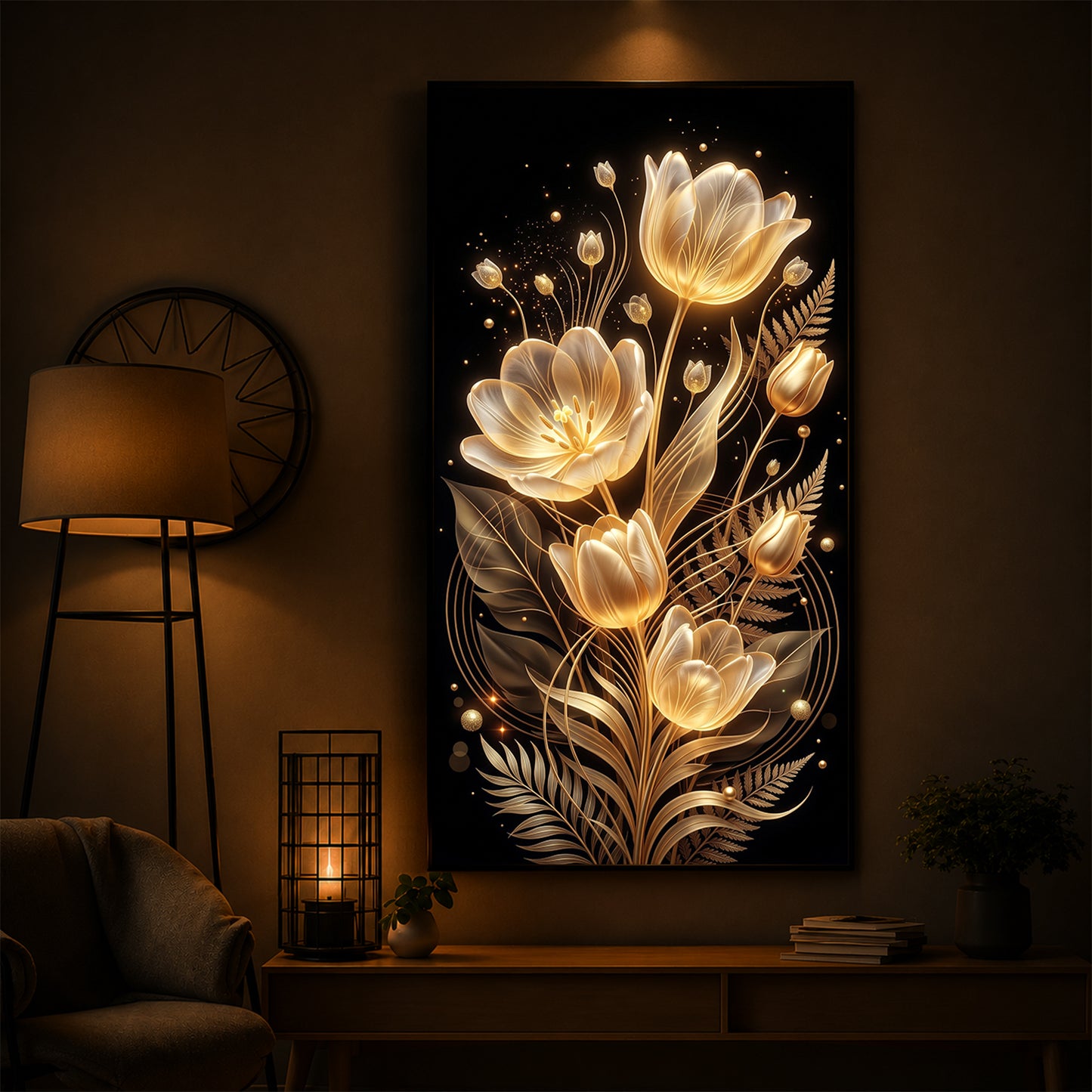 Golden Luminous Tulip Modern Luxury Backlight Vertical Wall Art