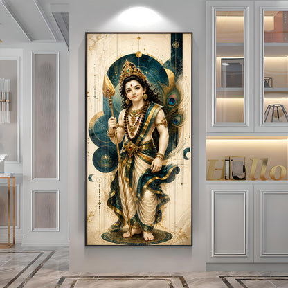 Sacred Lord Murugan & Peacock Feather Premium Acrylic Vertical Wall Art