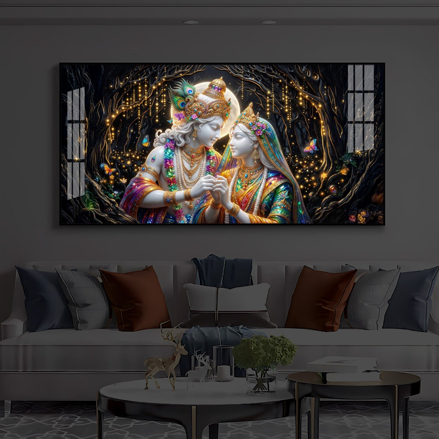 Spiritual Moonlight Radha Krishna Modern Luxury Backlight Horizontal Wall Art