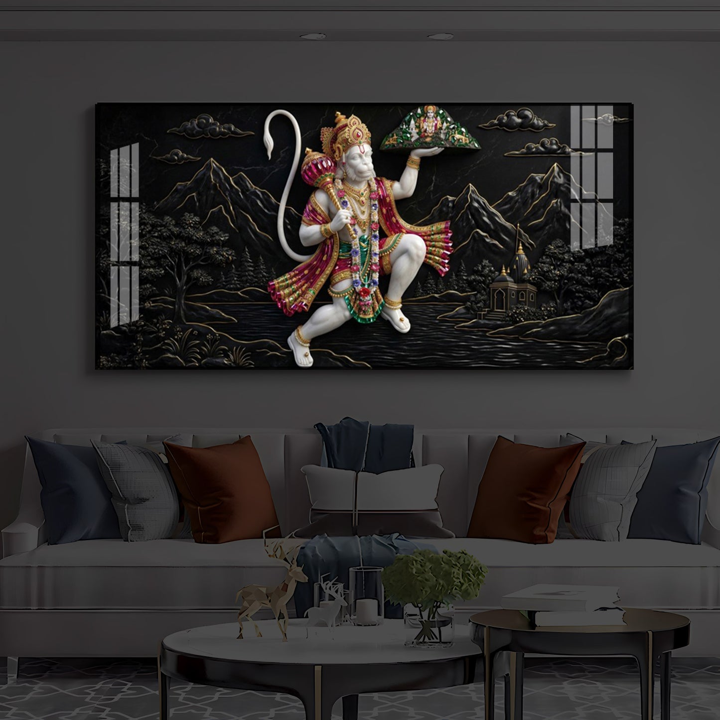 Lord Hanuman Carrying Sanjeevani Mountain Modern Luxury Backlight Horizontal Wall Art