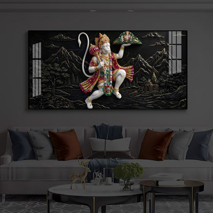 Lord Hanuman Carrying Sanjeevani Mountain Modern Luxury Backlight Horizontal Wall Art