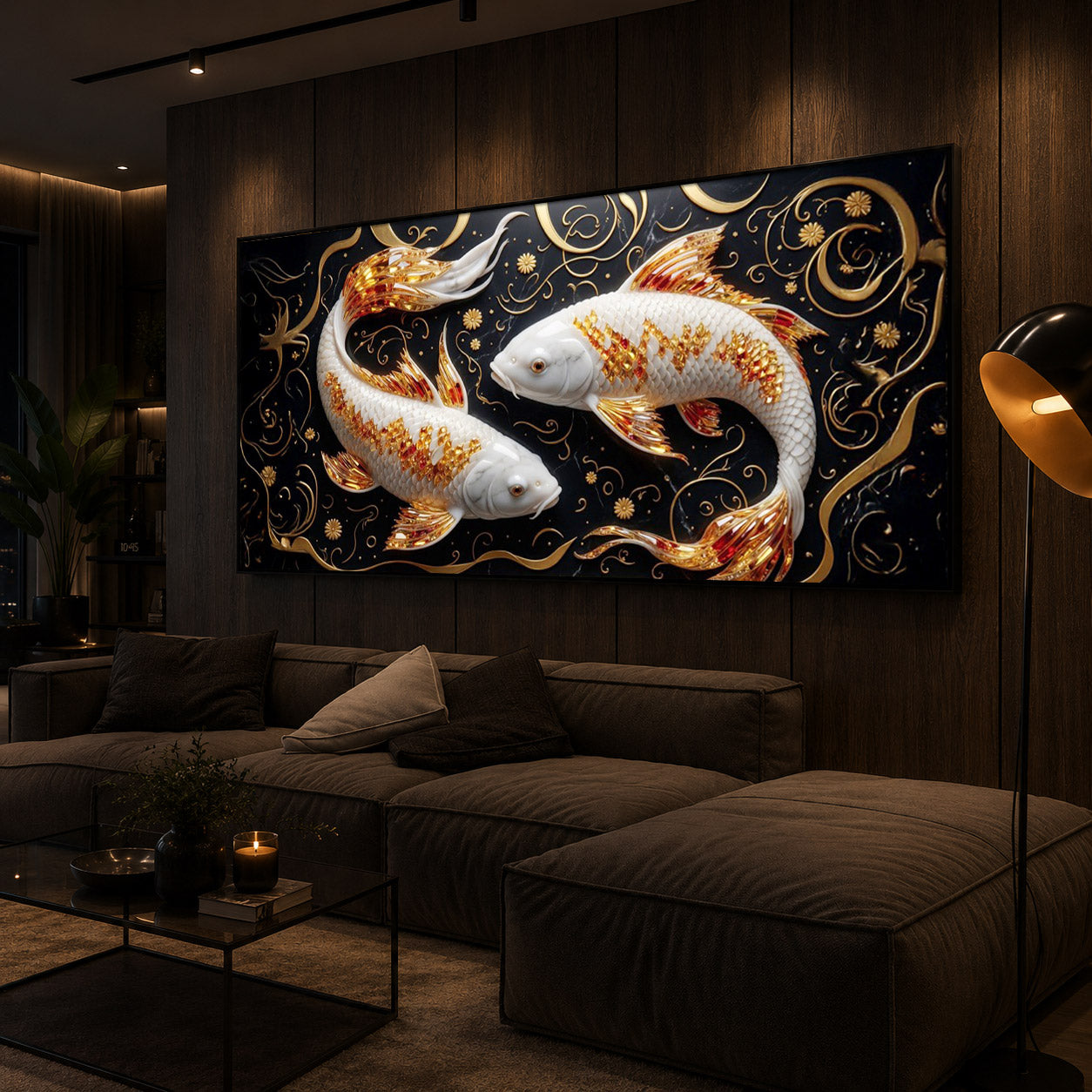 Two Golden Koi Fish Modern Luxury Backlight Horizontal Wall Art