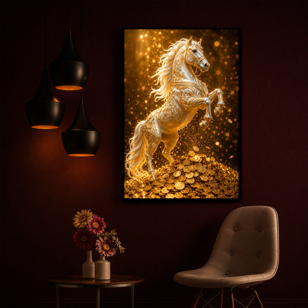 Majestic Golden Horse Modern Luxury Backlight Vertical Wall Art