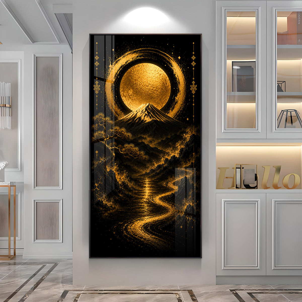 Golden Moon & Sacred Mountain Landscape Premium Acrylic Vertical Wall Art