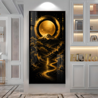 Golden Moon & Sacred Mountain Landscape Premium Acrylic Vertical Wall Art
