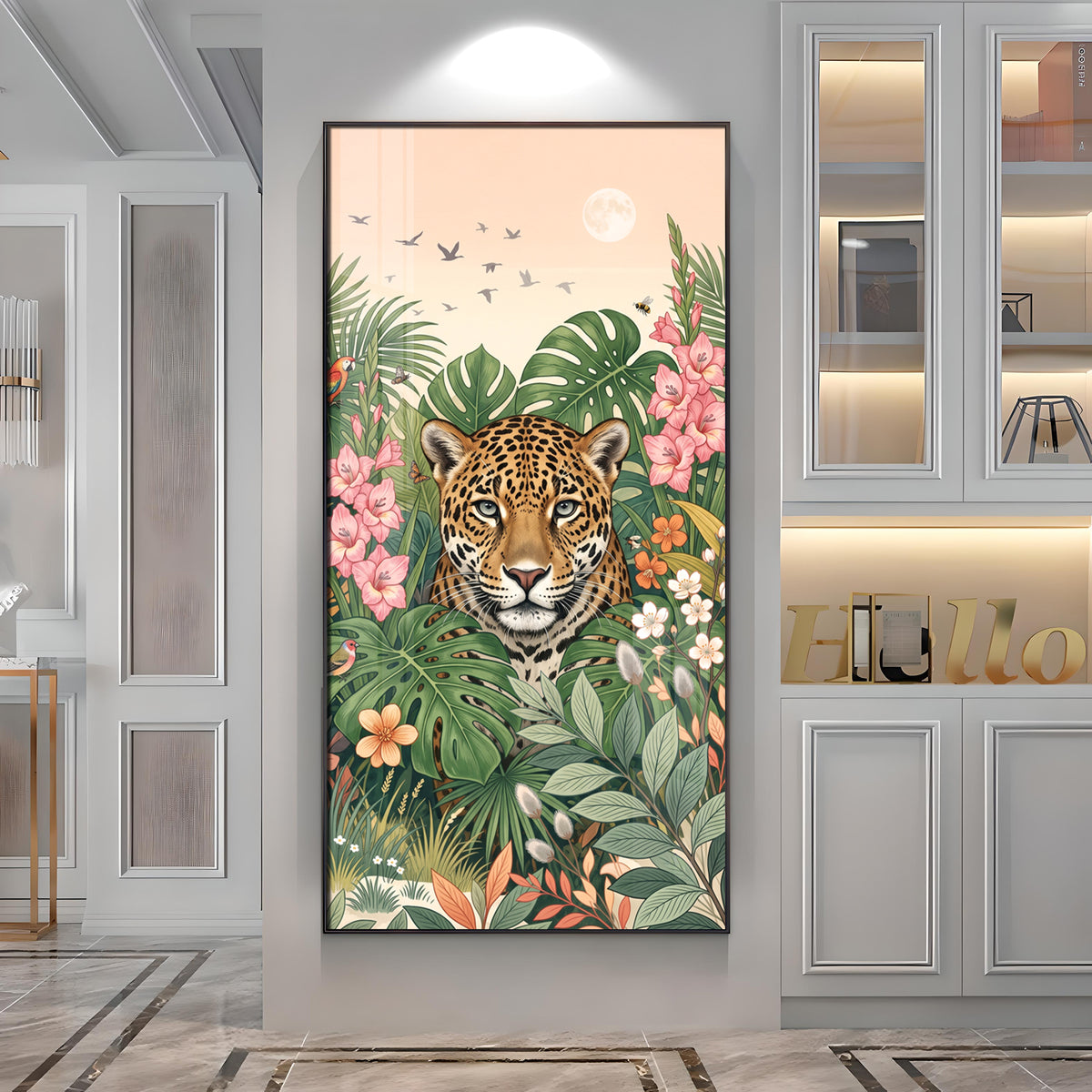 Tropical Jungle Leopard & Floral Leaves Premium Acrylic Vertical Wall Art
