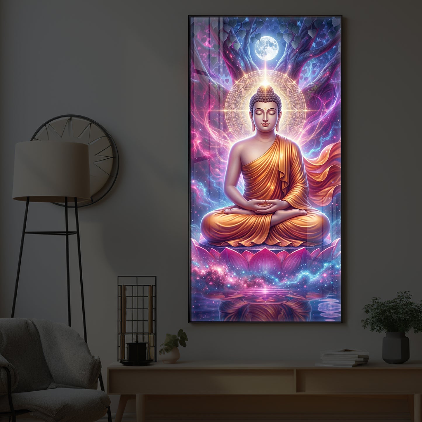 Lord Buddha Modern Luxury Backlight Vertical Wall Art