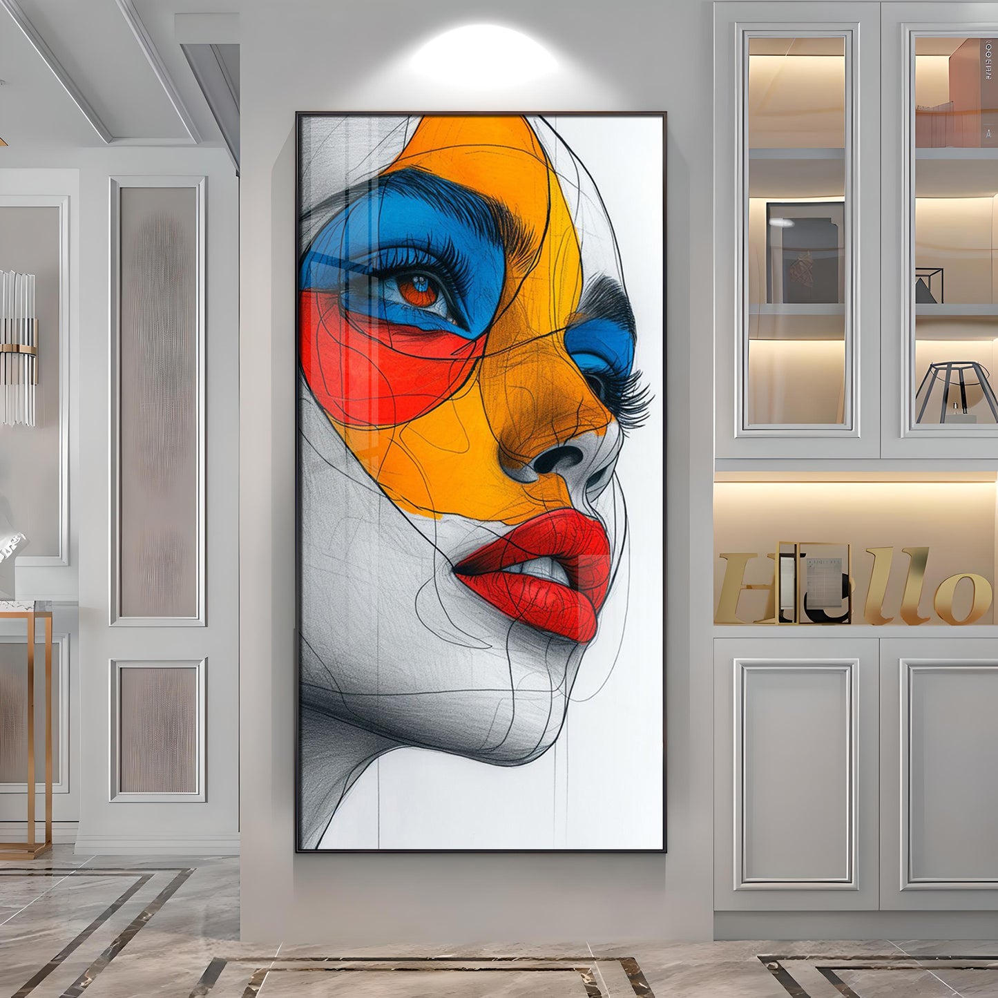 Vibrant Geometric Mask Girl Premium Acrylic Vertical Wall Art