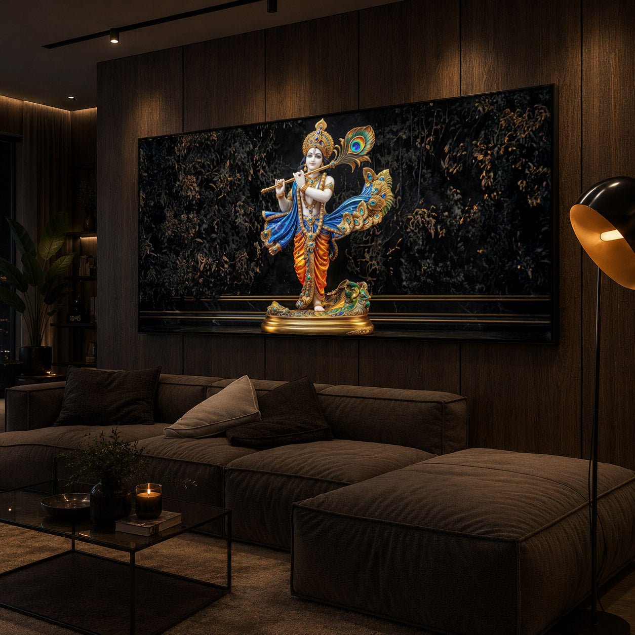 Lord Krishna With Flute Modern Luxury Backlight Horizontal Wall Art