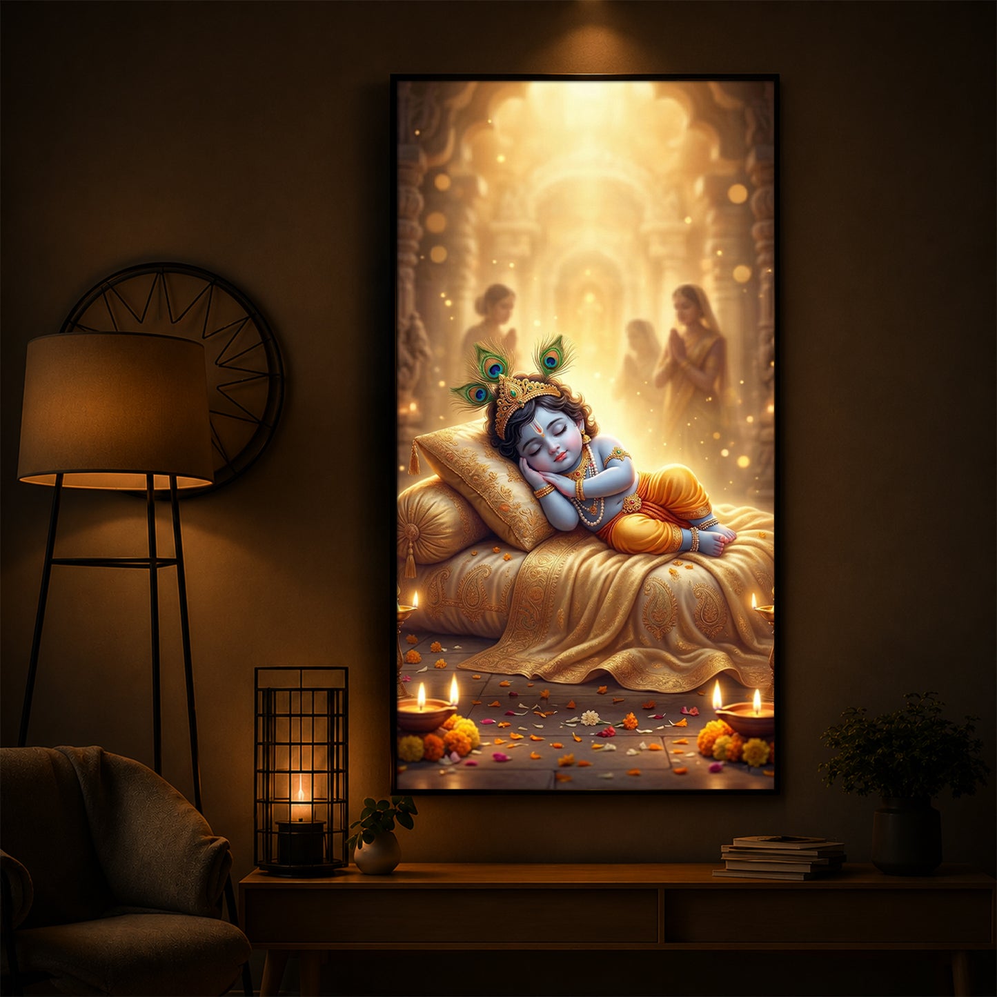Sleeping Little Krishna Ji Modern Luxury Backlight Vertical Wall Art
