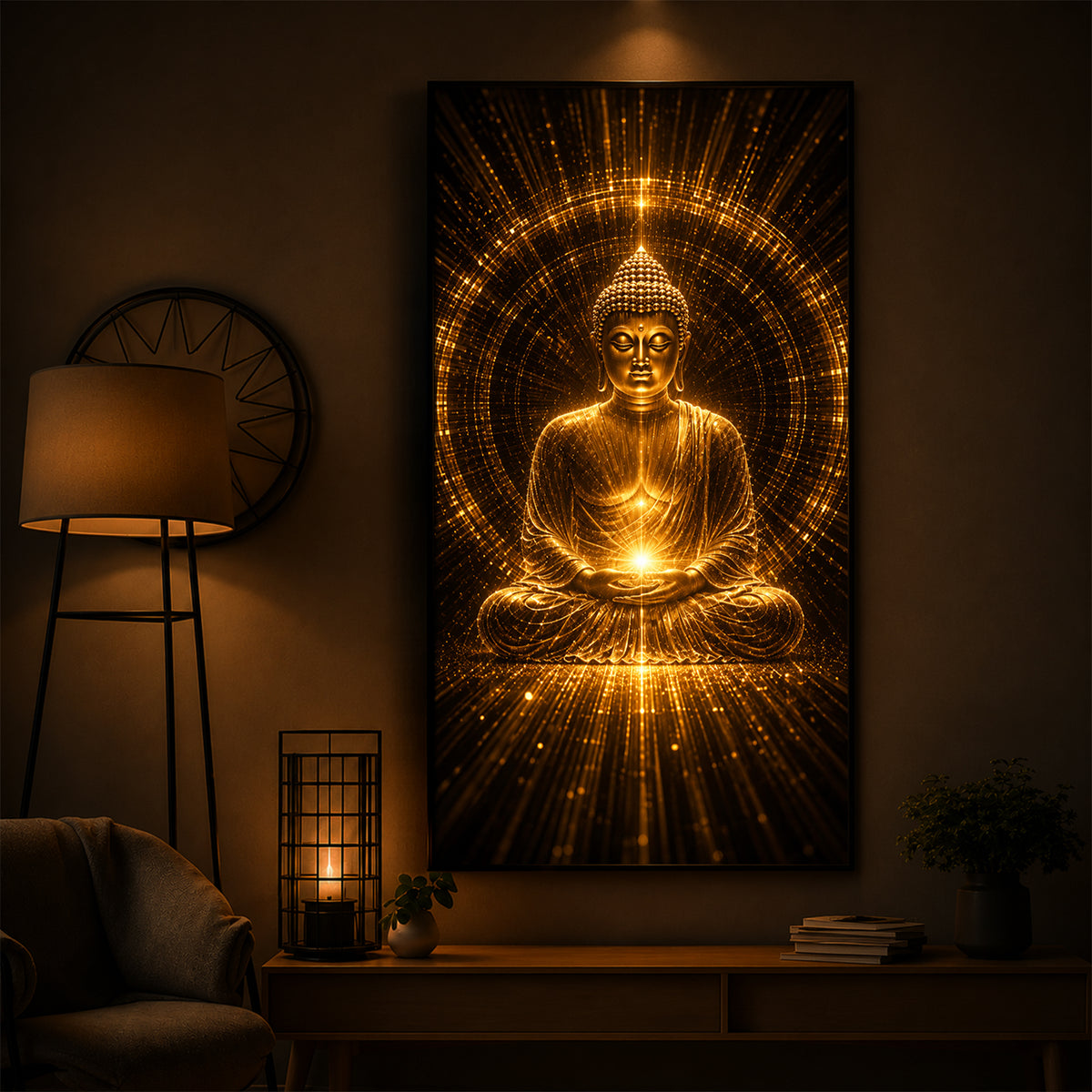 Golden Buddha Meditation Posture Modern Luxury Backlight Vertical Wall Art