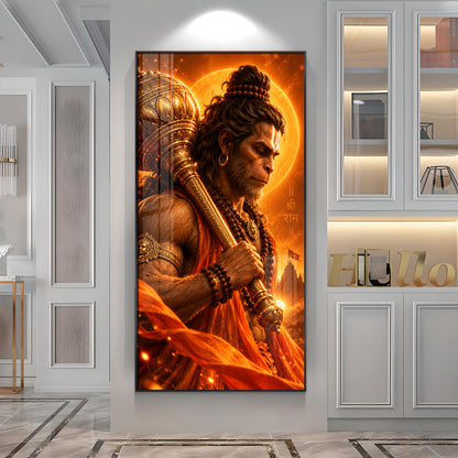 Hanuman With Golden Gada Premium Acrylic Vertical Wall Art