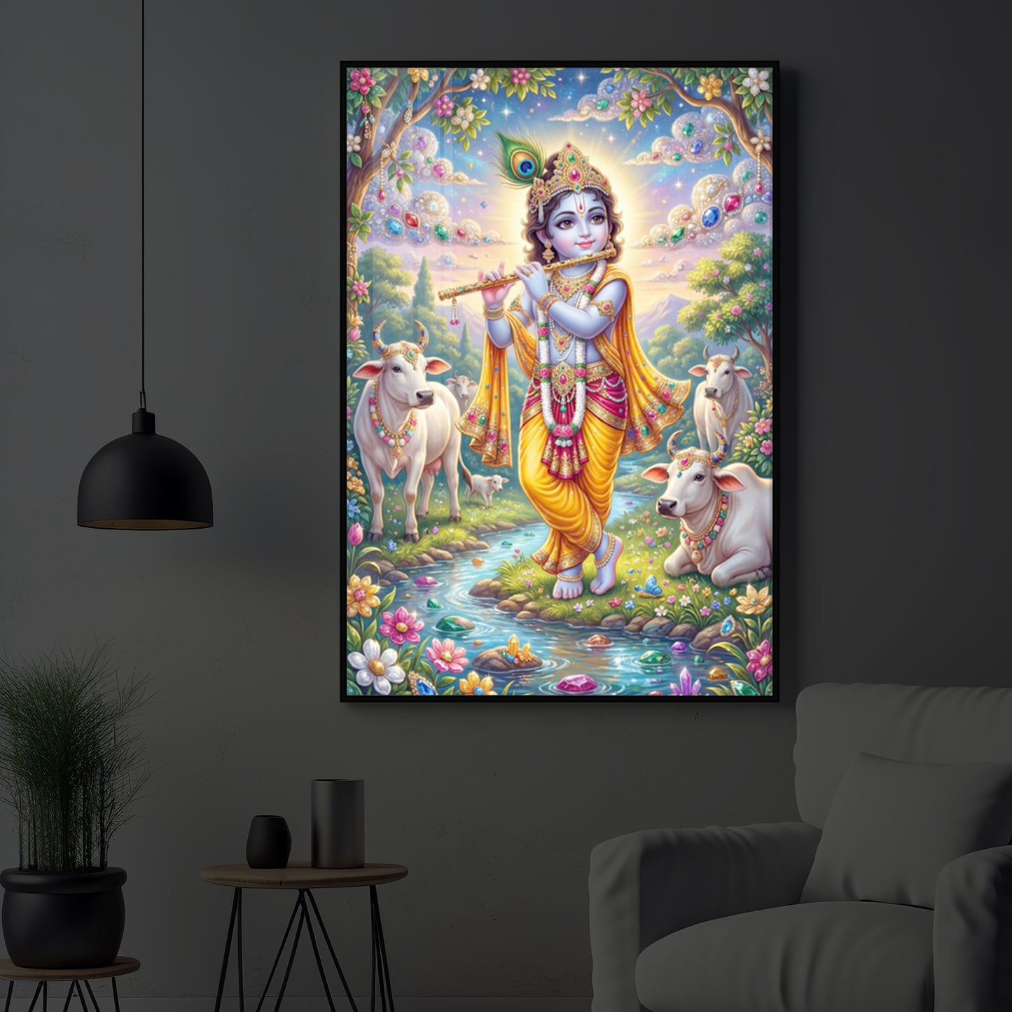 Little Kanha With Cow Modern Luxury Backlight Vertical Wall Art
