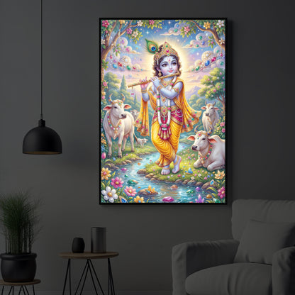 Little Kanha With Cow Modern Luxury Backlight Vertical Wall Art