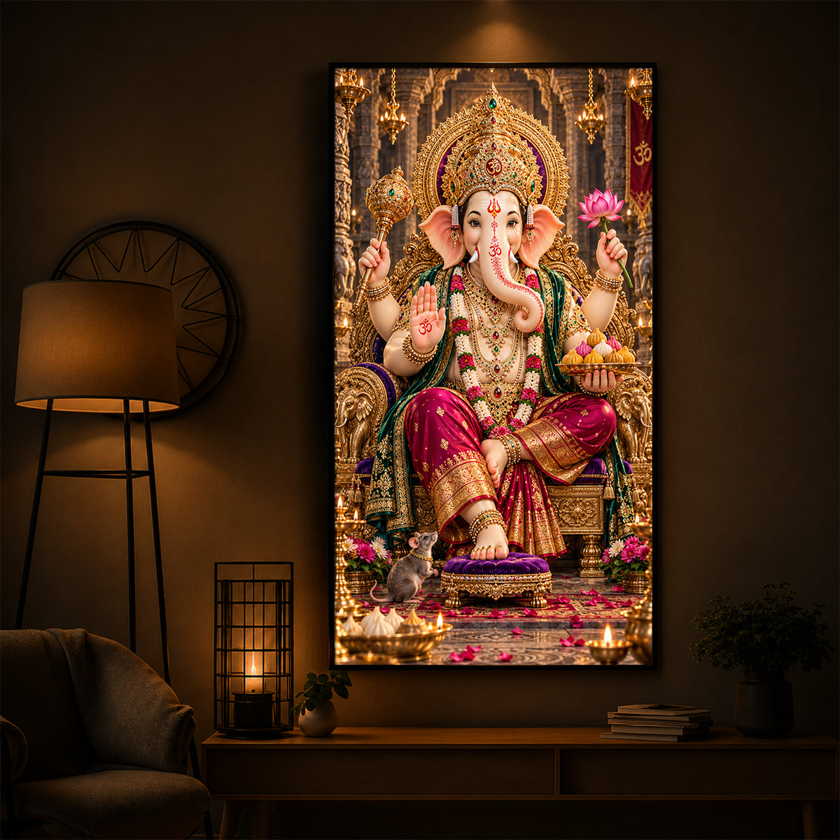 Ganapati Bappa Golden Throne Modern Luxury Backlight Vertical Wall Art