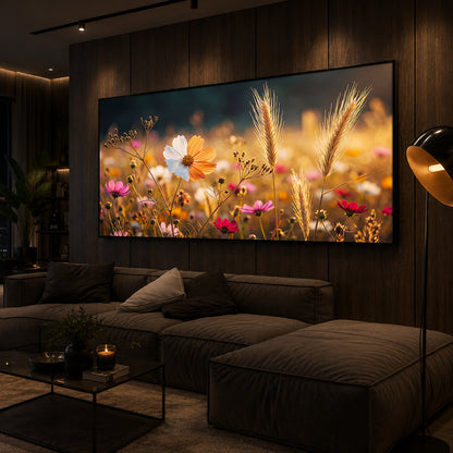 Golden Wildflower Meadow Modern Luxury Backlight Horizontal Wall Art