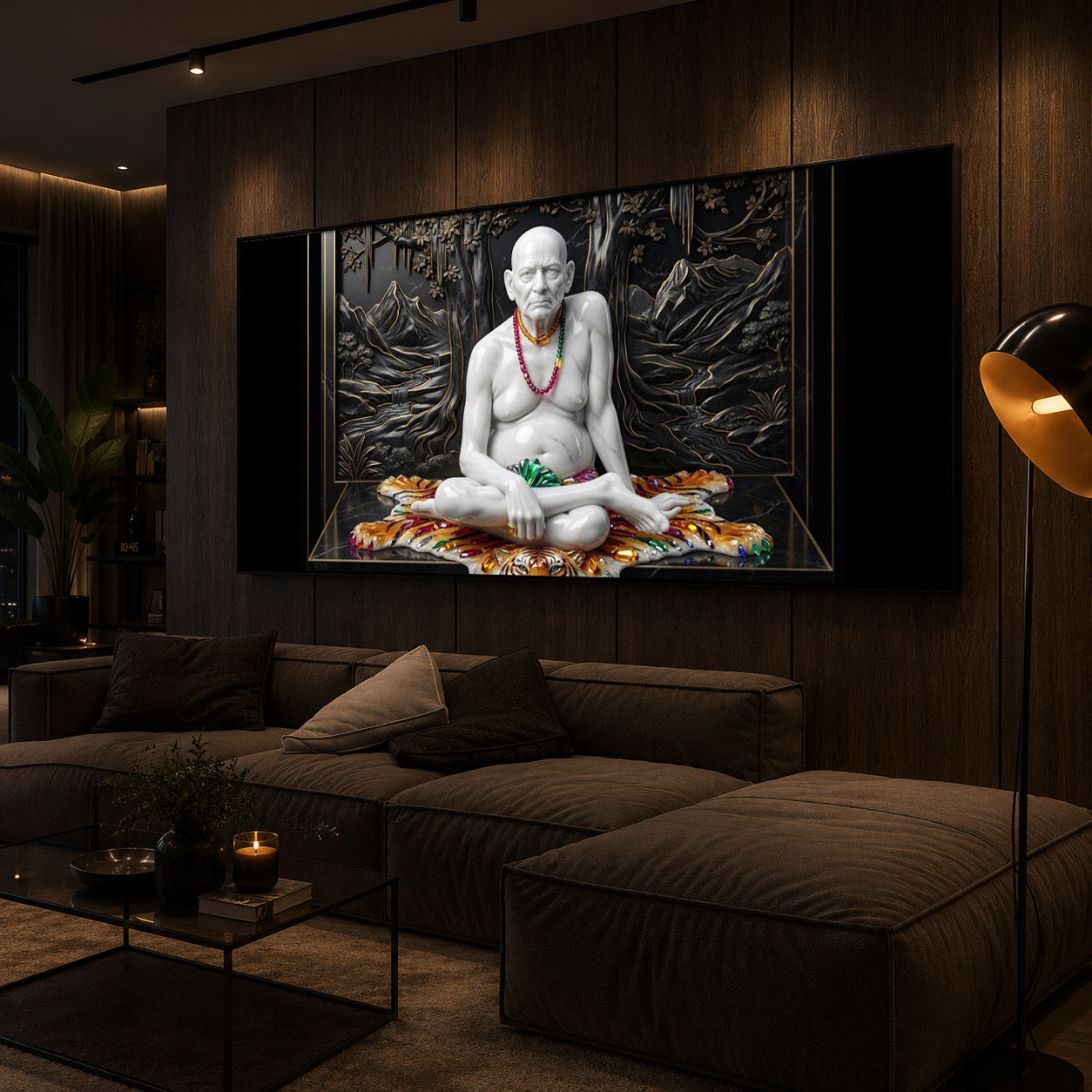 White Marble Swami Samarth Modern Luxury Backlight Horizontal Wall Art